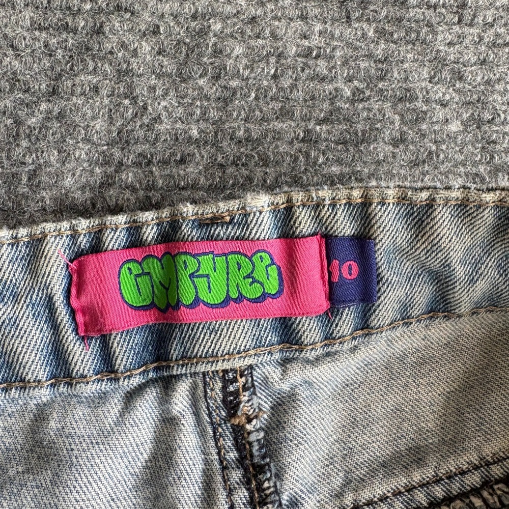 Empyre Light Wash Denim Mini Skirt Size 10 Embroidered Logo Raw Hem Frayed Blue - Picture 5 of 12